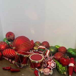 Christmas ornaments red green gold and white plastic and some glass lot of 30